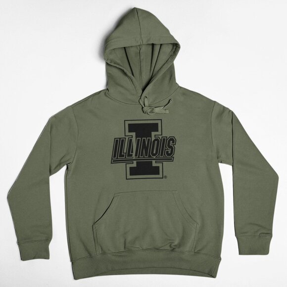 NEW Illinois Fighting Illini I Wordmark Pullover Fleece Hoodie MILITARY ARMY